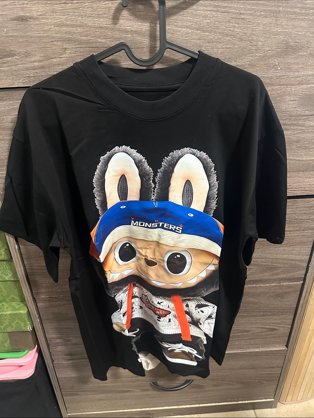 Black Graphic Tee with Colorful Monster Print size L